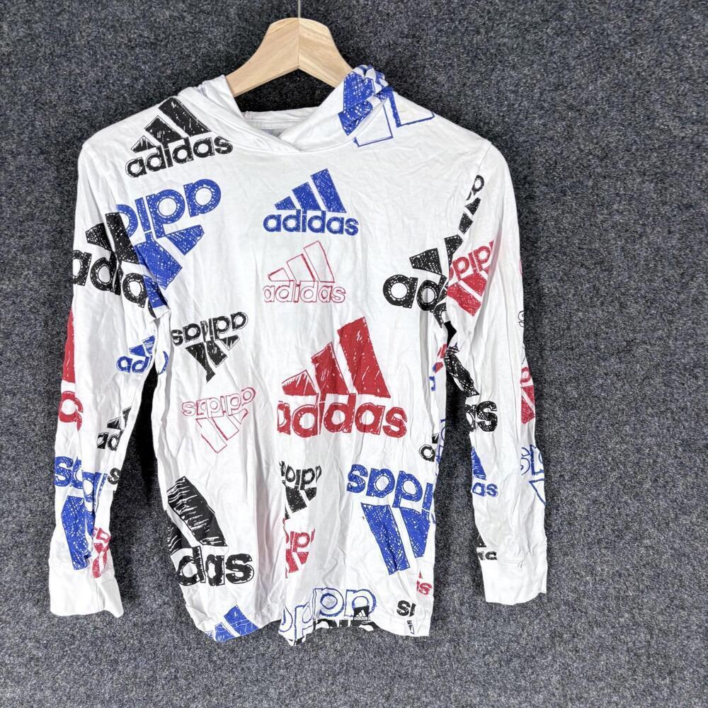 Adidas Hoodie Boys M Medium White Logo Hooded Long Sleeve Pullover Cotton